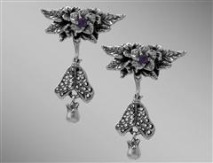 Henbane amethyst silver earrings with broomstick & cauldron                                                                                                                                                                                               