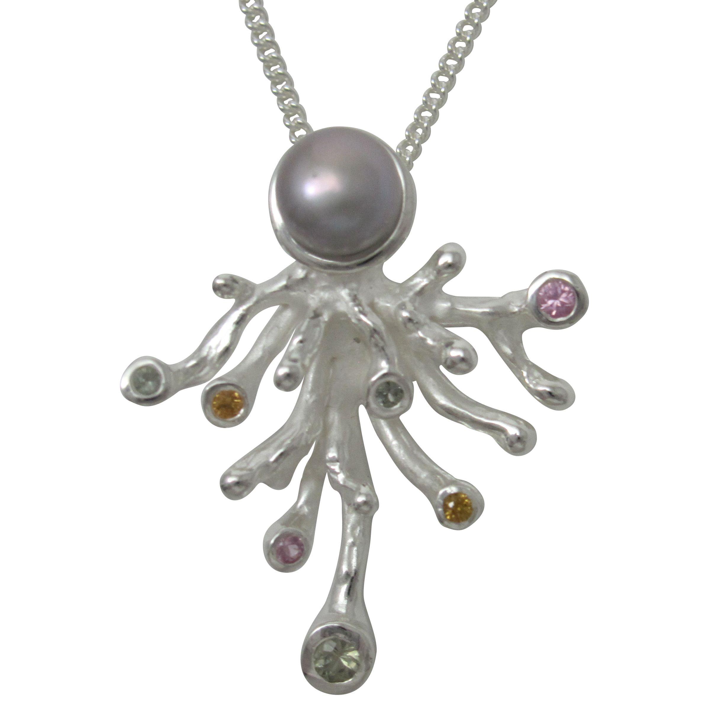 Silver coral pendant with pastel sapphires and grey pearl.                                                                                                                                                                                                